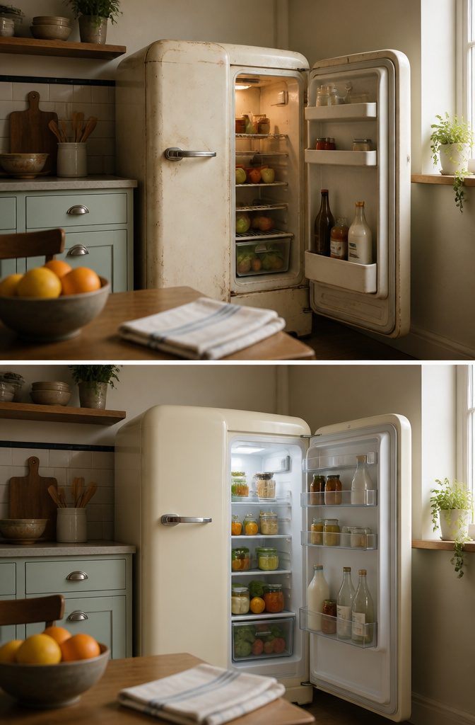 Retro-style refrigerator with rounded corners and colorful doors in a kitchen