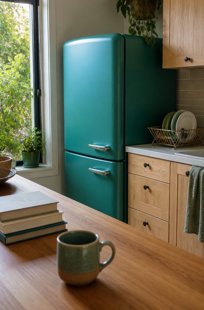 Refrigerator covered in teal vinyl wrap with exposed chrome handles