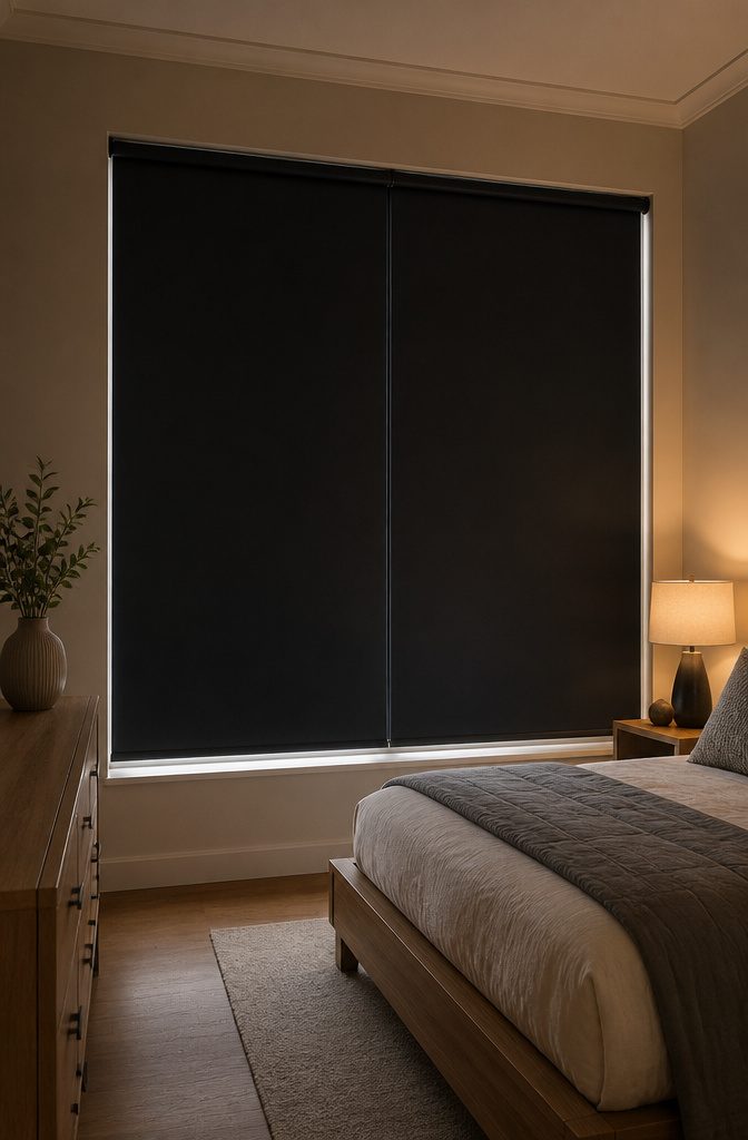 Blackout roller shades installed on a window in a bedroom.