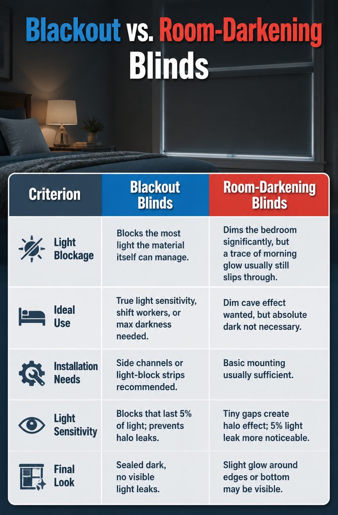 Information image comparing blackout and room-darkening blinds.