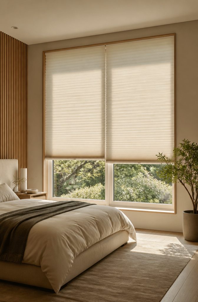 Stylish cellular shades in a contemporary bedroom window.