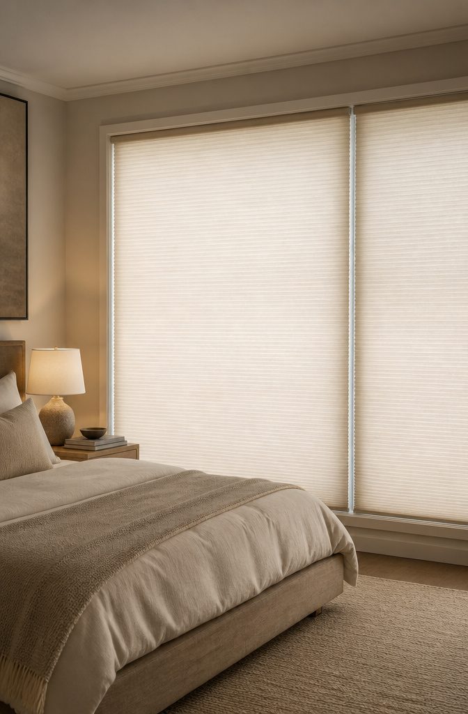 Close-up of modern cordless cellular shades in an upscale bedroom.