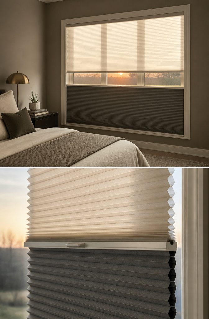 Day/night cellular shade installed in a bedroom window.