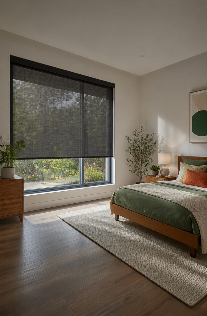 Dark woven screen shades installed on a bedroom window.