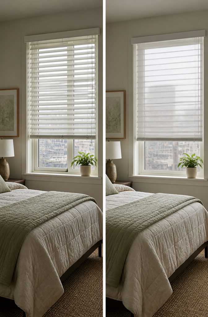 Faux wood blinds hanging on a window in a bedroom.