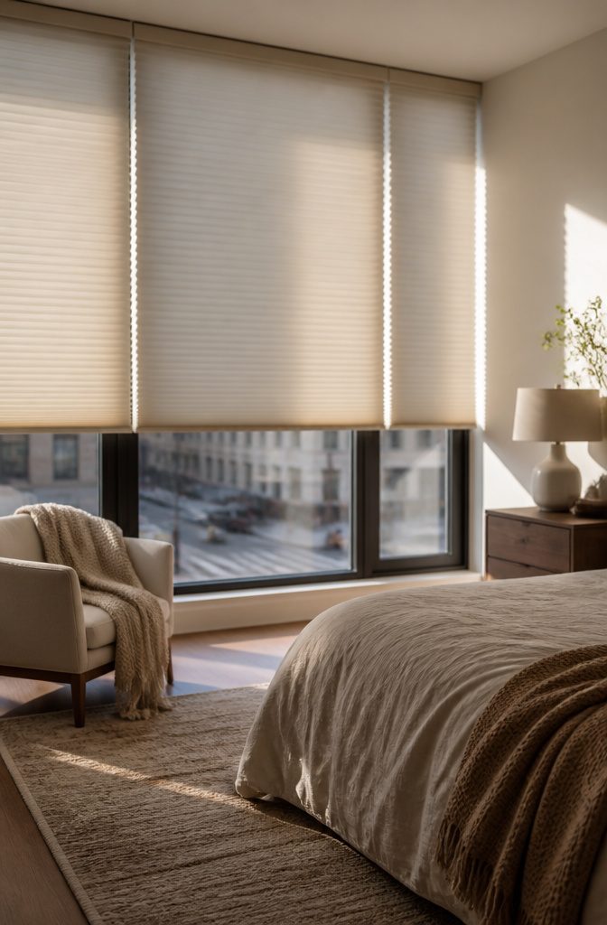 Elegant double-cell cellular shades in a busy street-facing bedroom.