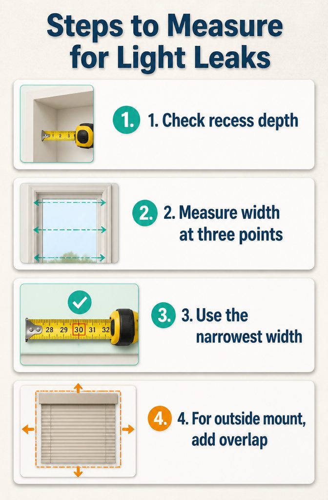 Steps for measuring window frames to minimize light leaks.