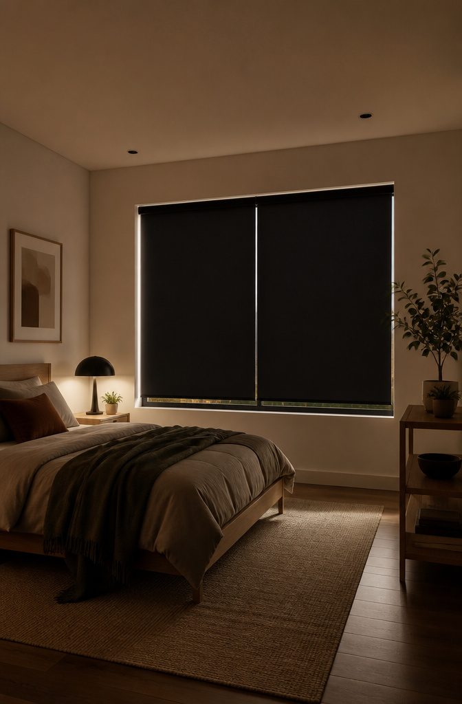Blackout roller shades covering a street-facing bedroom window.