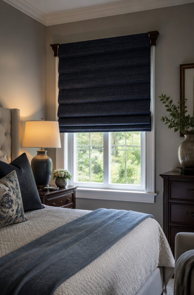 Blackout-lined Roman shades draped over a classic window.