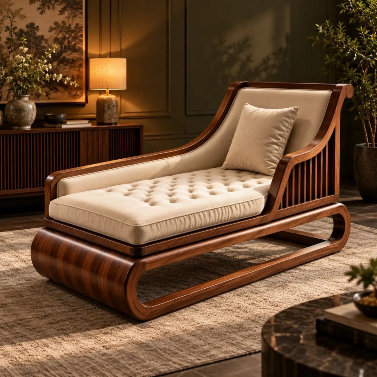 Wood Lounge Chair Ideas: 28 Styles from Teak to Mid-Century 9 Sculpted walnut lounge chair with cream tufted fabric cushions in a moody interior.