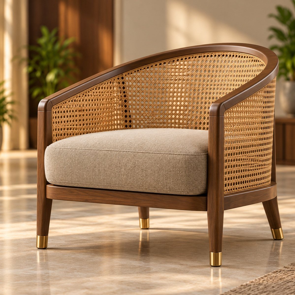 Wood Lounge Chair Ideas: 28 Styles from Teak to Mid-Century 20 Wooden lounge chair with woven cane sides and a beige fabric seat cushion.