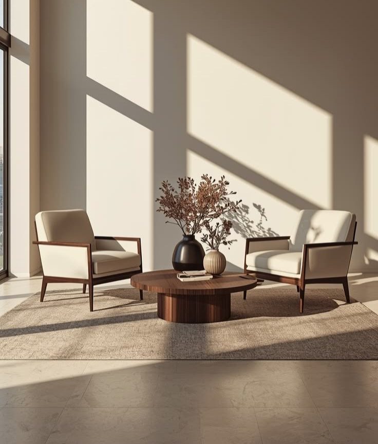 Wood Lounge Chair Ideas: 28 Styles from Teak to Mid-Century 24 Two dark wood lounge chairs with cream cushions and a round wooden coffee table.