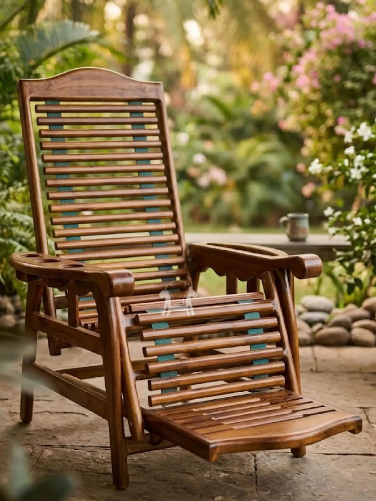 Wood Lounge Chair Ideas: 28 Styles from Teak to Mid-Century 27 Brown wooden lounge chair with horizontal slats and an integrated extendable footrest outdoors.