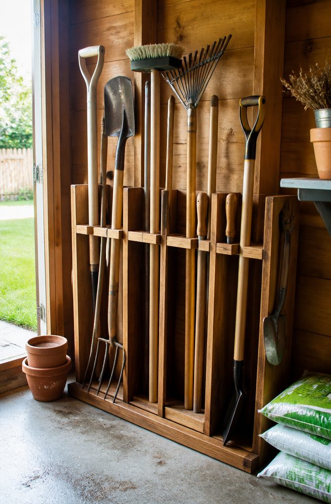 9 Yard Tool Storage Ideas for an Organized Garden Space 9 A handmade tool organizer made from scrap wood holding gardening tools.