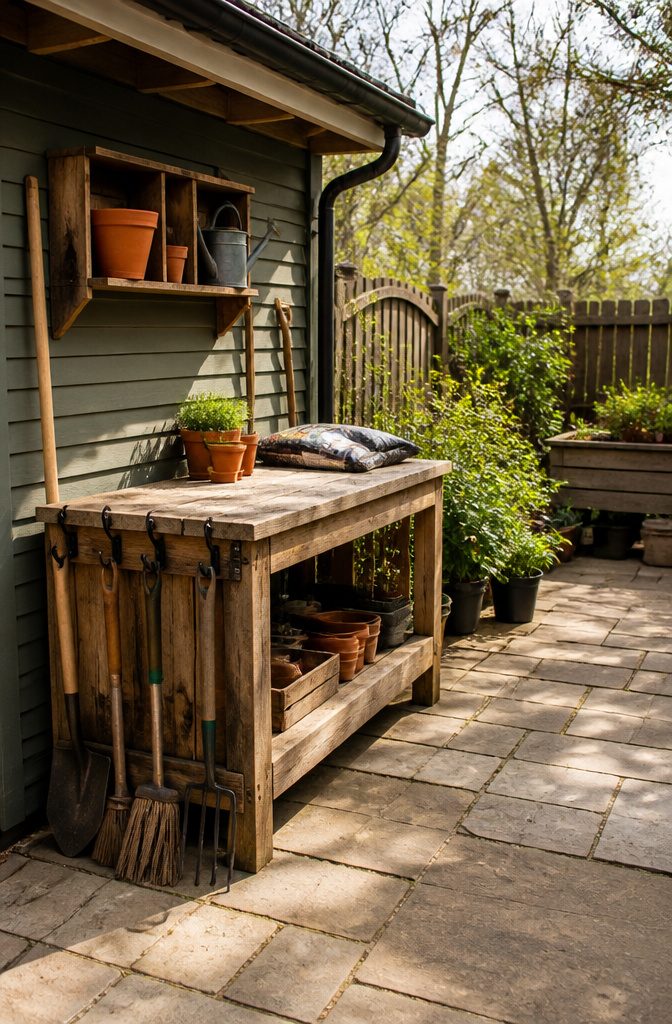 9 Yard Tool Storage Ideas for an Organized Garden Space 10 A table with tools and supplies organized for gardening tasks.