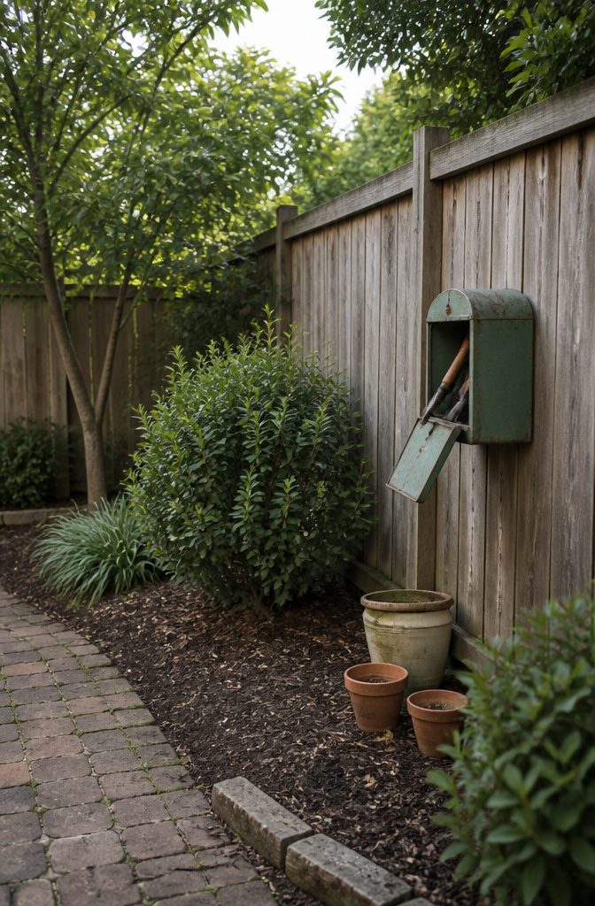 9 Yard Tool Storage Ideas for an Organized Garden Space 4 A mailbox mounted near a garden bed, storing hand tools.