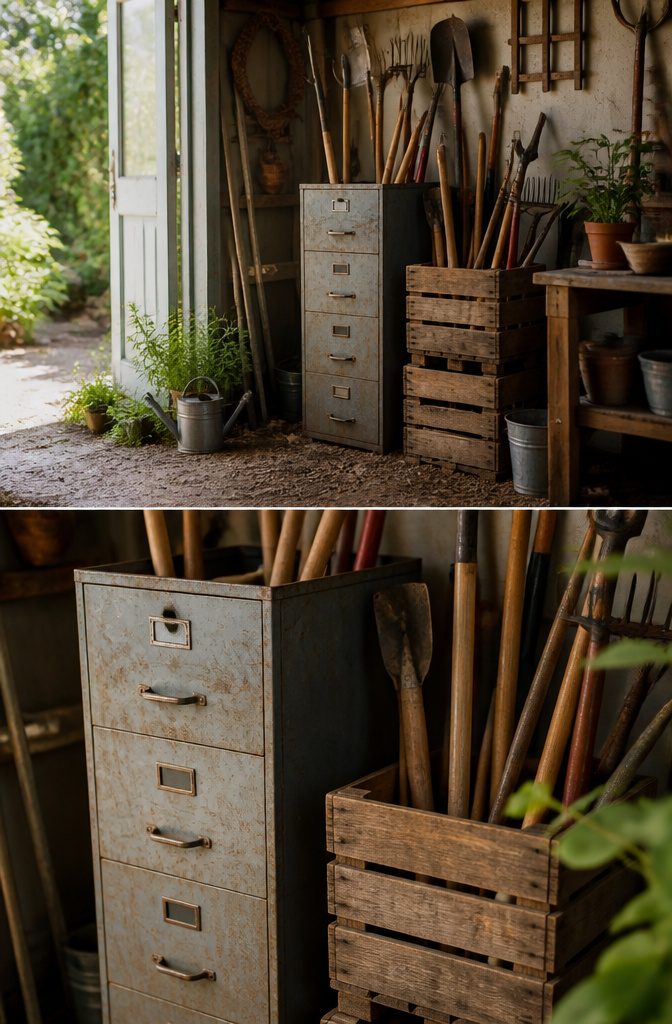 9 Yard Tool Storage Ideas for an Organized Garden Space 13 A metal file cabinet repurposed for storing gardening tools.