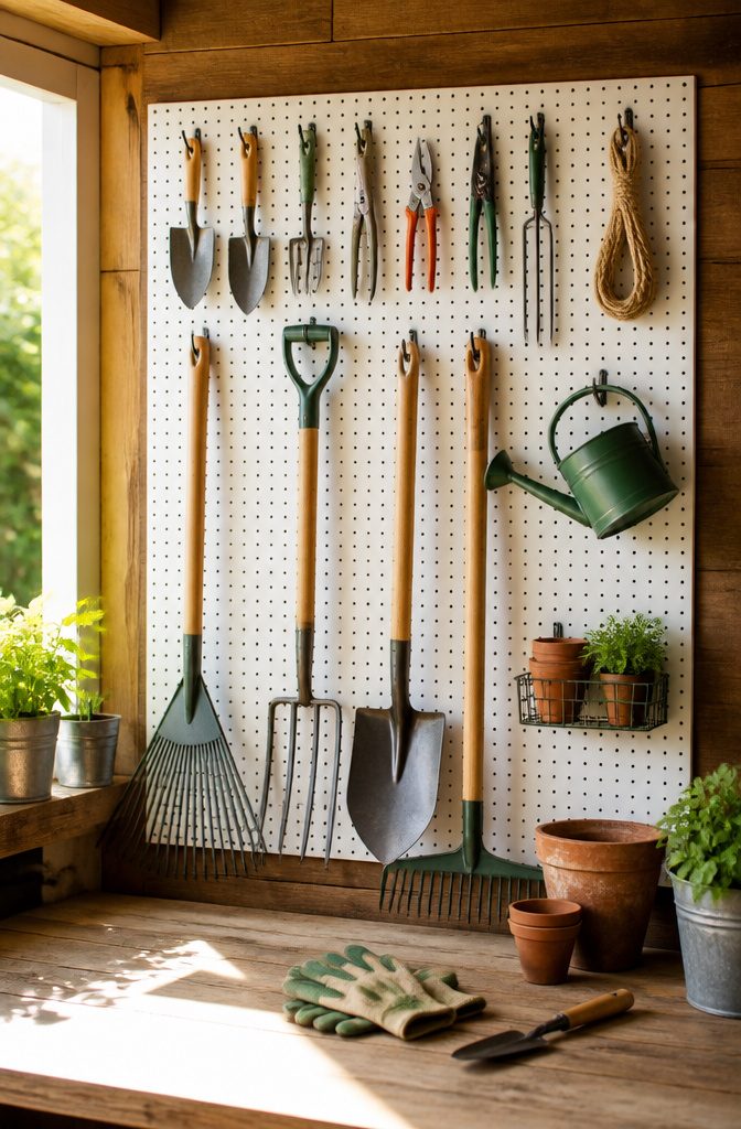 9 Yard Tool Storage Ideas for an Organized Garden Space 7 A pegboard mounted on a wall displaying various gardening tools.