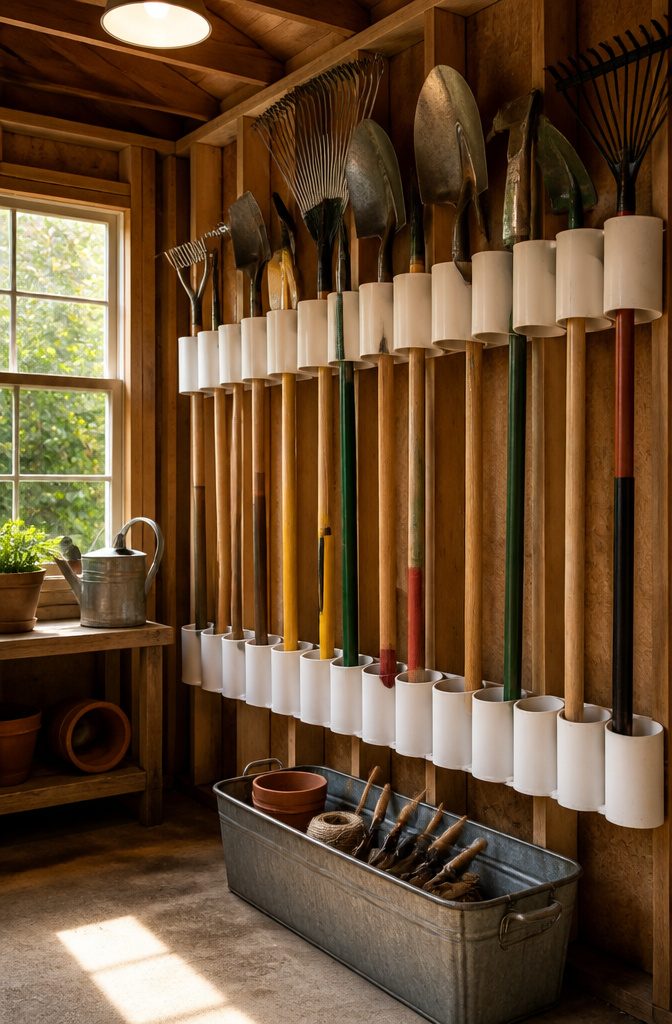 9 Yard Tool Storage Ideas for an Organized Garden Space 3 Sections of PVC pipe mounted on a shed wall holding gardening tools.