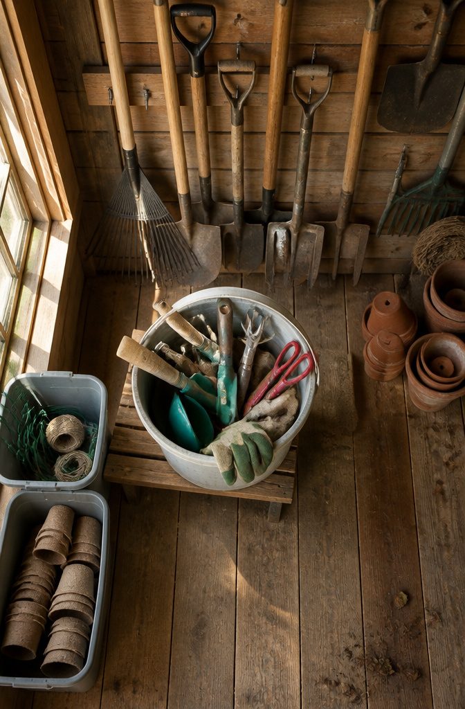 9 Yard Tool Storage Ideas for an Organized Garden Space 12 A bucket filled with spring gardening tools ready for use.
