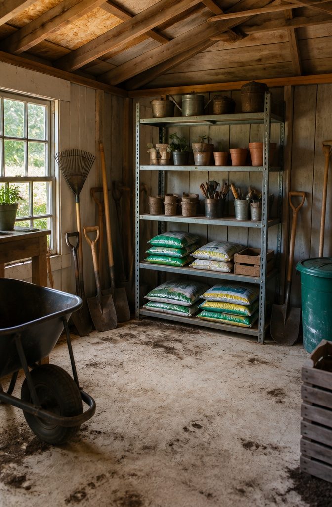 9 Yard Tool Storage Ideas for an Organized Garden Space 6 Metal and wooden shelving units holding various gardening items.