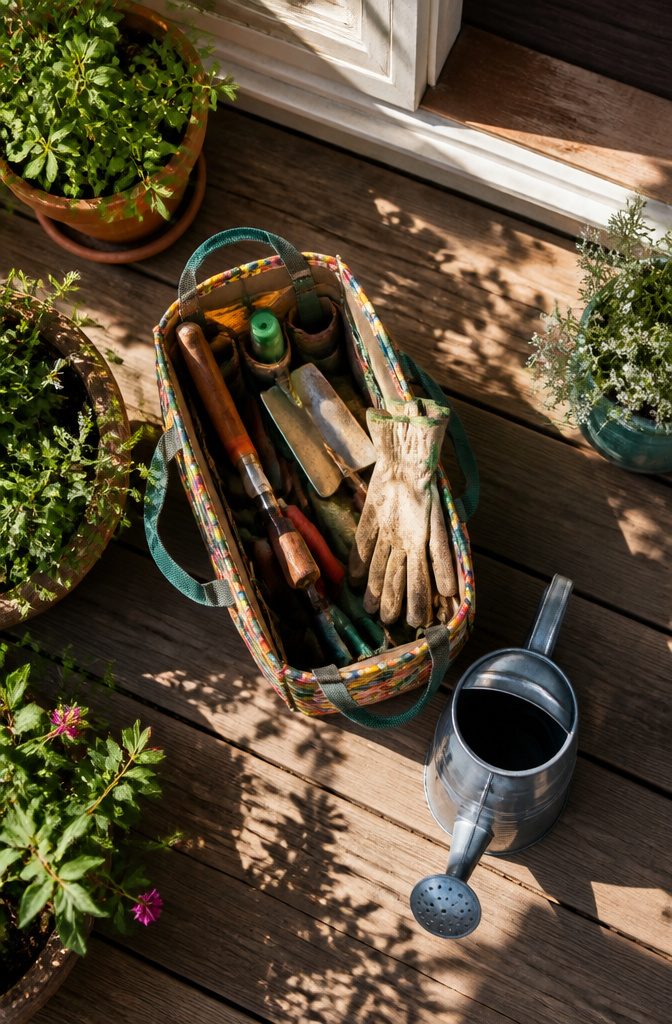9 Yard Tool Storage Ideas for an Organized Garden Space 5 A bag filled with gardening tools like pruners and gloves.