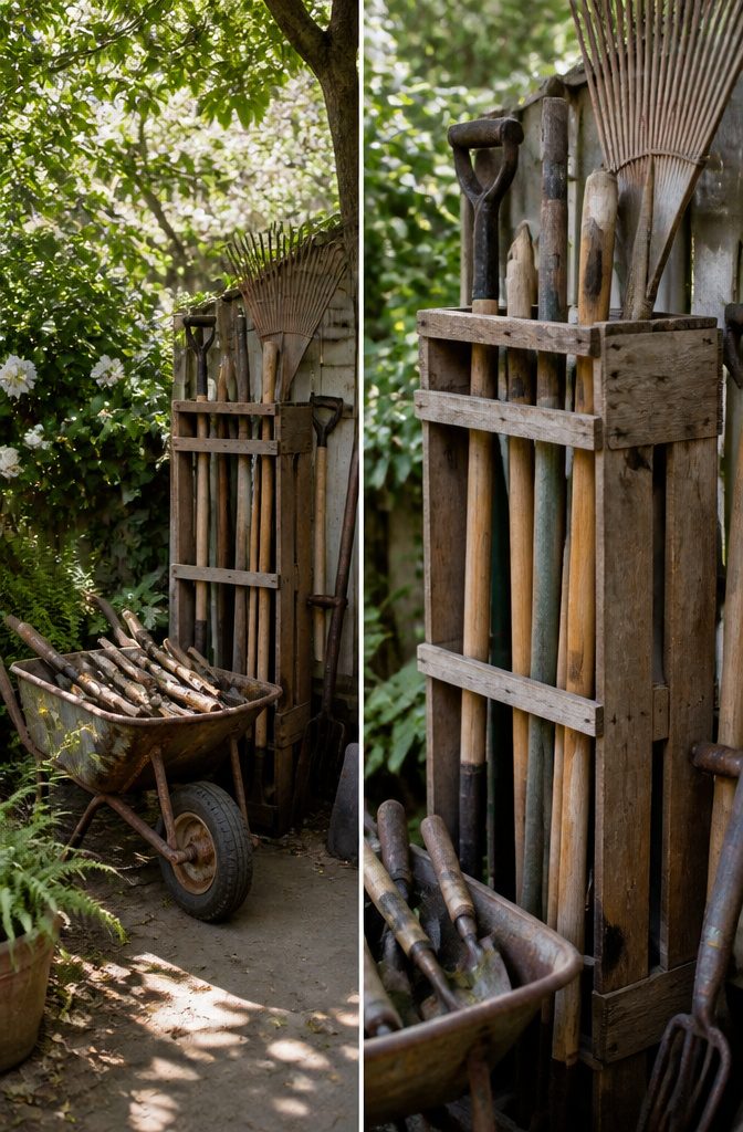 9 Yard Tool Storage Ideas for an Organized Garden Space 8 Old crates and a wheelbarrow repurposed for storing gardening tools.