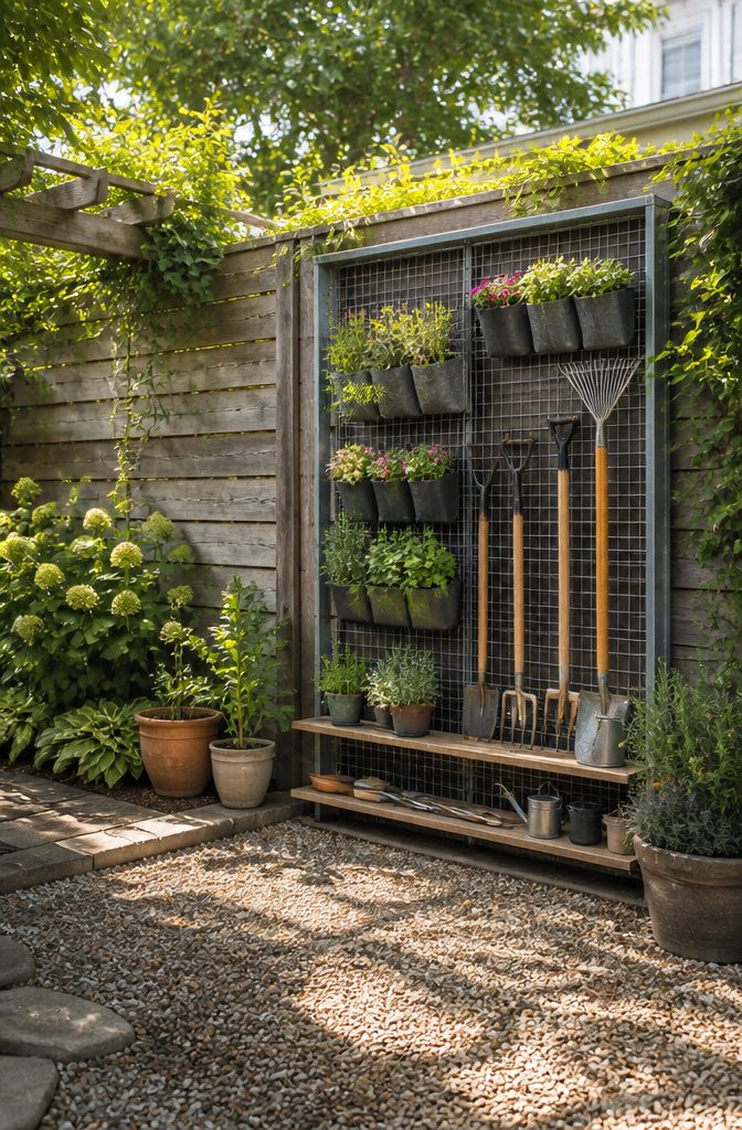 9 Yard Tool Storage Ideas for an Organized Garden Space 14 A vertical garden with pockets holding plants and tools.