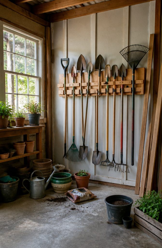 9 Yard Tool Storage Ideas for an Organized Garden Space 2 Wooden wall-mounted racks holding various gardening tools.