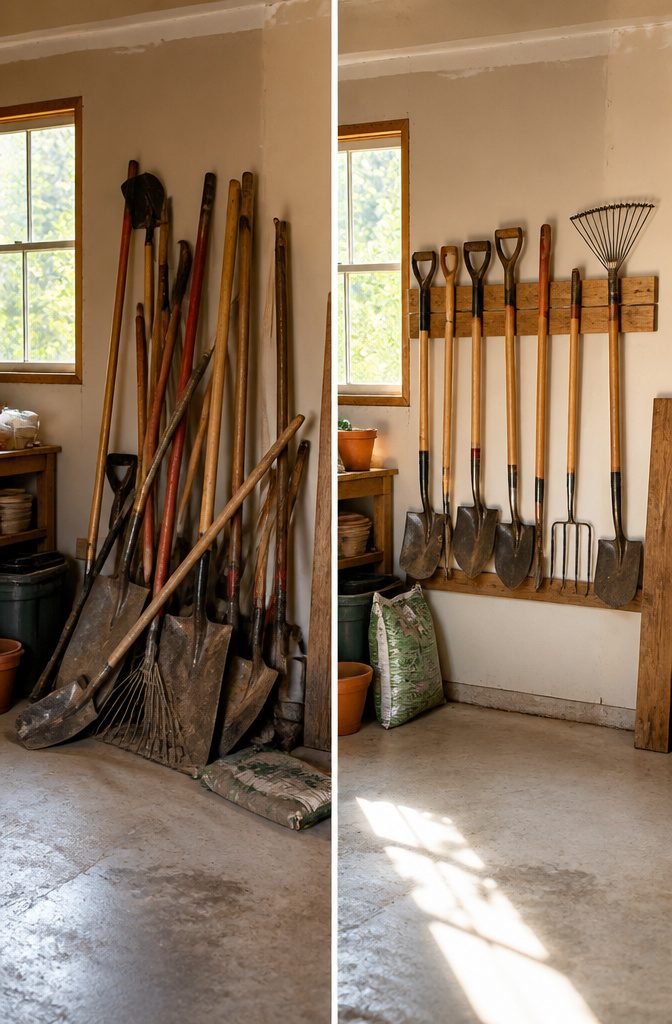 9 Yard Tool Storage Ideas for an Organized Garden Space 11 A collection of shovels neatly hung on a rack in a garage.